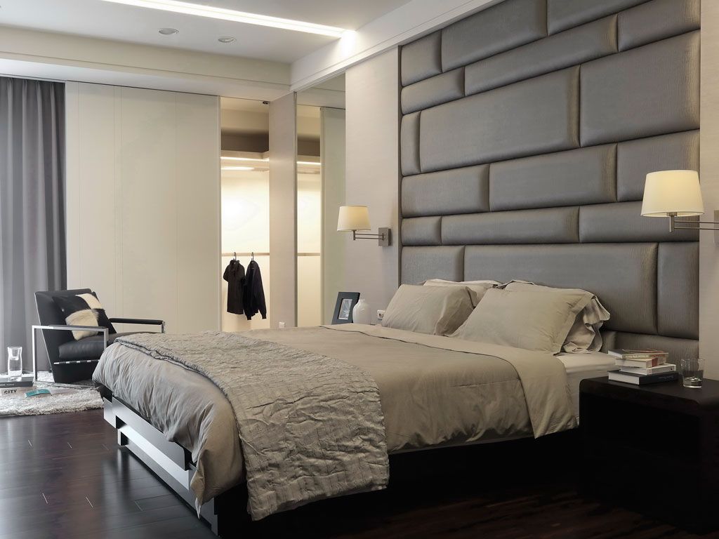现代时尚卧室灰色软包背景墙设计图