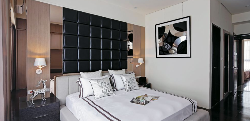 时尚北欧风格卧室黑色软包背景墙设计图