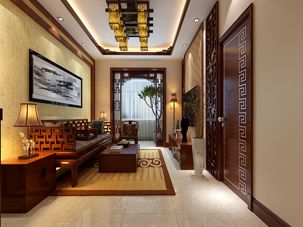 新中式风格客厅背景墙装修设计图